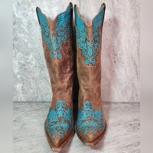 Corral Vintage Size 9 Cowboy Boots C2145 Turquoise Lizard Sand Color Excellent